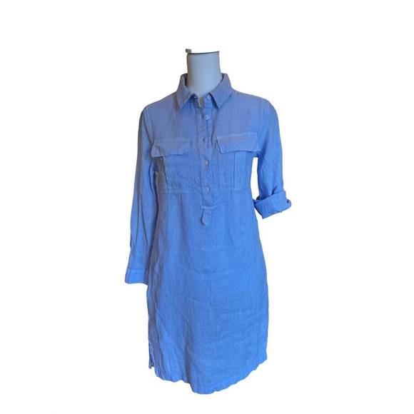 NEW HARIS COTTON long sleeve linen shirt dress in sky blue